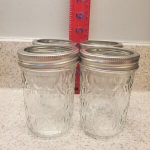 4 Vintage Quilted Crystal Glass Jelly Jars 6 oz Jam Canning Mason Jar w‎ Rings